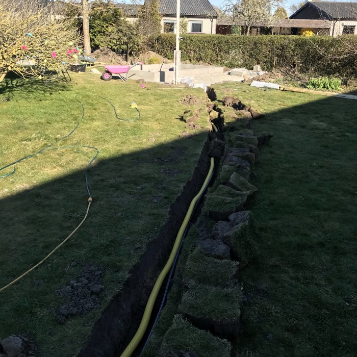 Grävd ränna i en trädgård med ett gult markrör för el och möjligtvis ett blått för vatten, mot en bakgrund av grönt gräs och en rosa skottkärra.