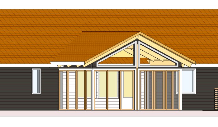 Illustration av ett hus med ett pågående utbyggnadsprojekt för ett uterum med angiven takvinkel och konstruktionsdetaljer.