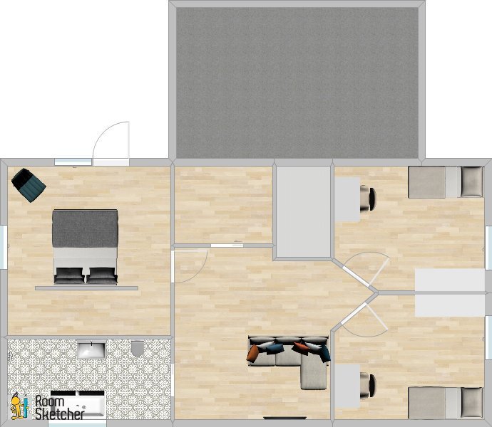 Ritning av planlösning för 1,5-planshus med vardagsrum, kök och trappa, skapat i RoomSketcher.