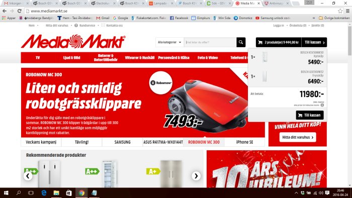 Skärmdump av Media Markt hemsida med varukorg som visar priserna 9444 kr och 11980 kr.