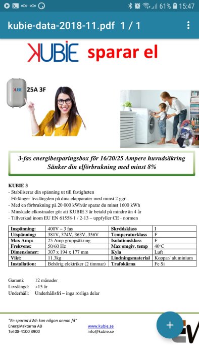 Skärmdump av energisparbox-broschyr som lovar sänka elförbrukning med minst 8%.