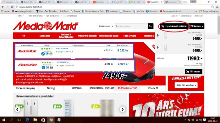 Skärmbild av Media Markt-webbplats med priser på vitvaror i en onlinekundvagn.