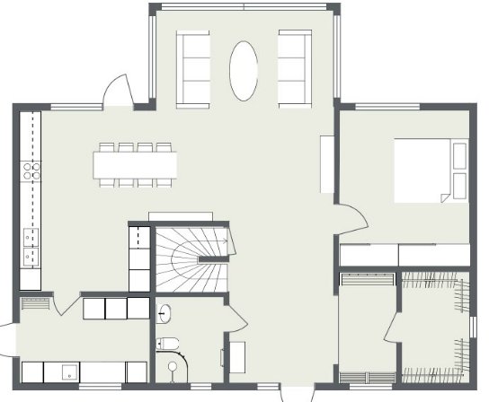 Översiktsritning av ett hus med markerat öppet tak mot nock och utsikt mellan våningar, inklusive måttangivelser.