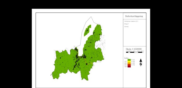 Karta över Jönköping med bullernivåer vid järnvägsområden, färgkoder indikerar ljudnivåer upp till 70 dB.