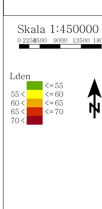 Skala och färgkodad bullerkarta som visar ljudnivåer med Lden-indikator för järnvägsbuller.