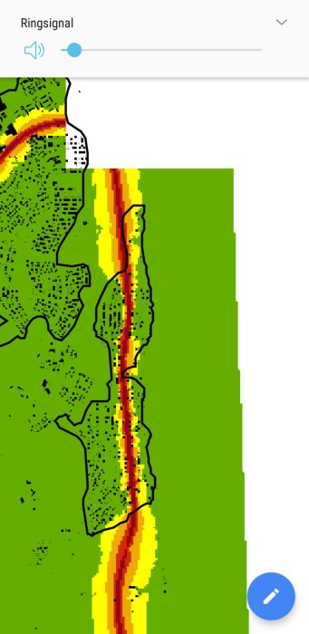 Kartutsnitt som visar olika bullernivåer nära järnvägen i Jönköping med höga bullernivåer markerade i rött och orange.