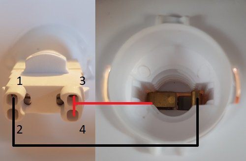 Bild av en lampa och dess armatur med synliga anslutningar numrerade 1 till 4 och ett diagram som visar kopplingar mellan dem.