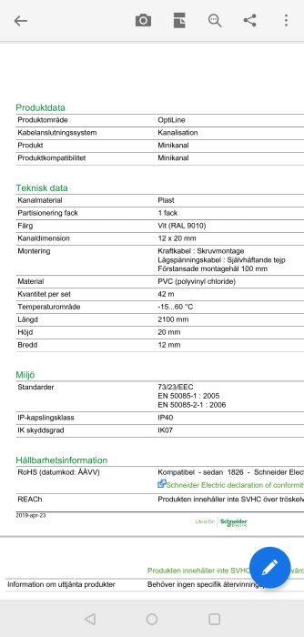 Skärmbild av ett produktblad för Schneider OptiLine minikanal med tekniska data och monteringsanvisningar.