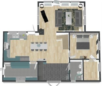 Planlösning för bottenvåning anpassad efter tillgänglighetsprincipen, med mått 6,9x12,1m och byggarea 113,7 kvm.