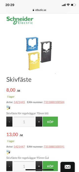 Tre skivfästen i blått, svart och gult för regelväggar i olika storlekar, visas på en produktlista.