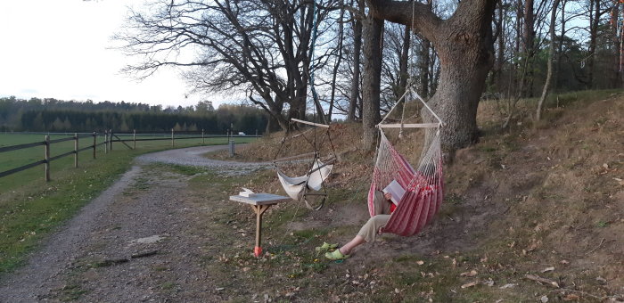 Person sitter i en rödvit hängmatta vid skogsbryn nära grusväg, med en bok och picknickbord, i skymningen.