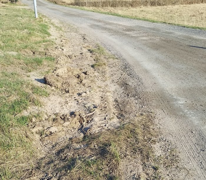 Utjämnad mark längs en grusväg där ett dike tidigare fanns, spår efter fiberarbete synliga.