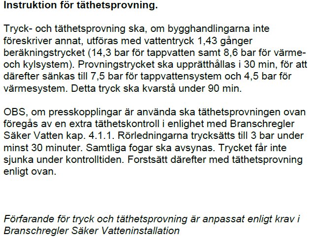 Textdokument med instruktioner för täthetsprovning enligt branschregler för säker vatteninstallation.