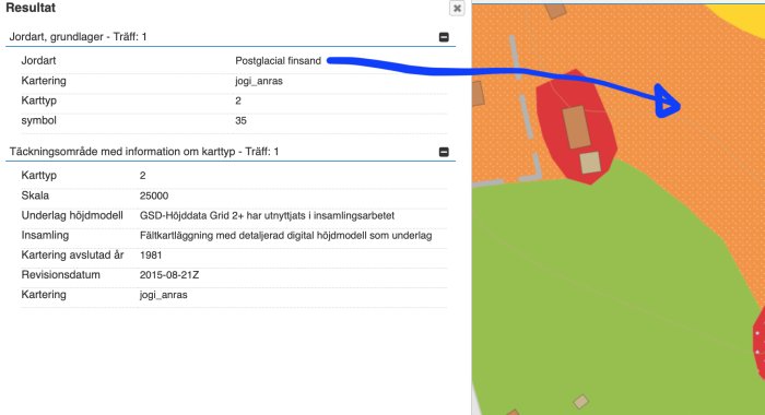 Geologisk karta med blå kvadrat markerande tomten och planerad plats för hus markerad med ring.