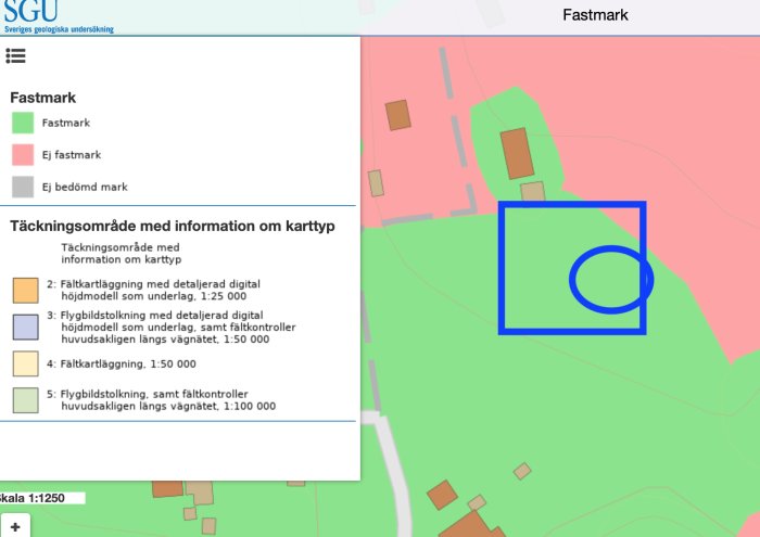 Geologisk karta med markerad tomt (blå kvadrat) och planerad husplacering (cirkel) på isälvssediment.