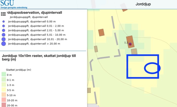 Karta från SGU visar beräknat jorddjup med blå kvadrat för tomt och cirkel för planerat hus.