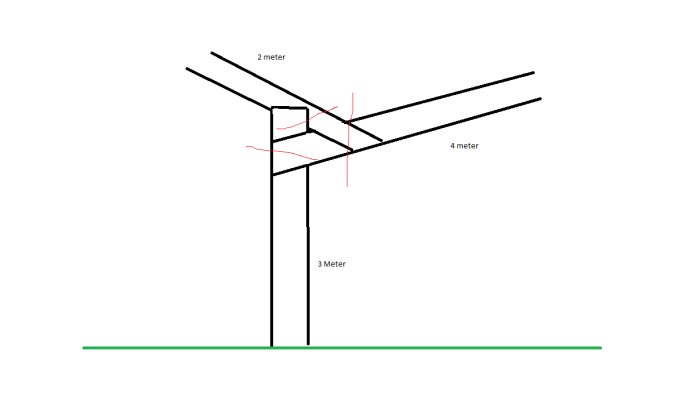 Ritad skiss av en kubformad tränings- och lekställning som är 4x2 meter och 3 meter hög med infästningsdetaljer markerade i rött.