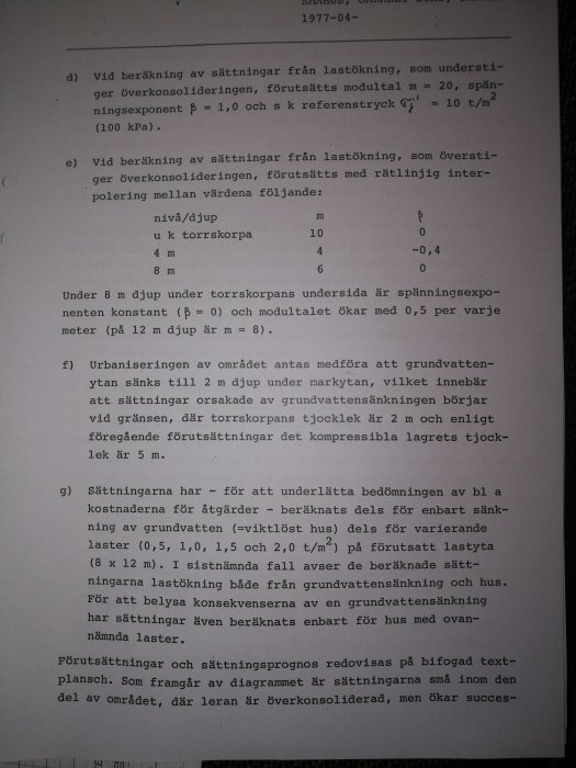 Teknisk dokumentation med text och tabeller om markundersökningar och sättningsberäkningar från 1977 relaterade till byggplanering.