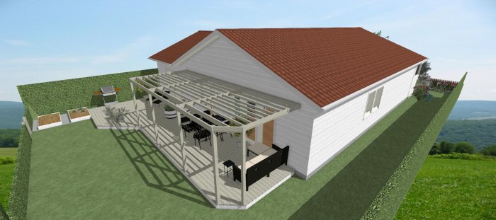 3D-rendering av en vit enplansvilla med planerad pergola utan tak på trädäck, omgiven av grön gräsmatta.