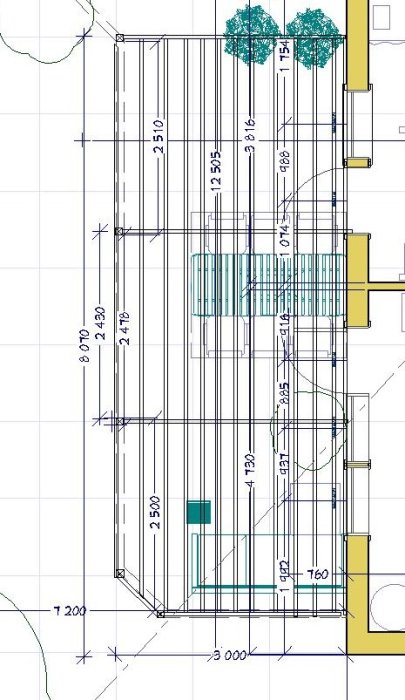 Teknisk ritning av planerad pergola med måttangivelser och detaljer för konstruktionen.