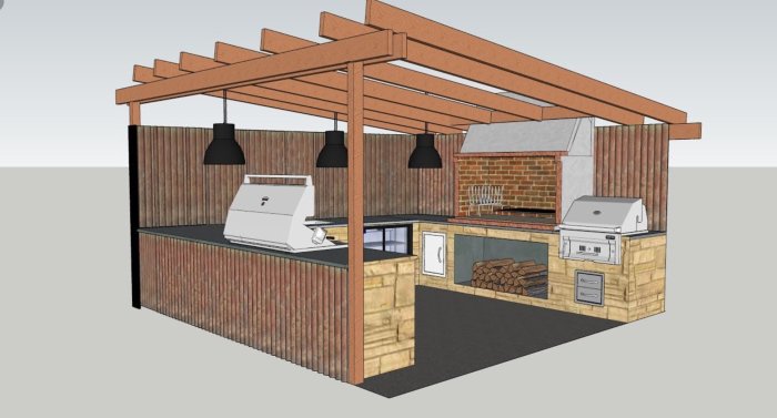 3D-rendering av ett utekök med trästomme, grill, bänkar och tak, med bakgrund av en rödbrun träskärm.