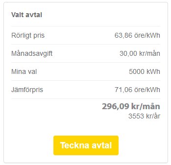 Skärmdump av elavtal med rörligt pris och kostnadsöversikt, inklusive energiskatt och nätavgift.