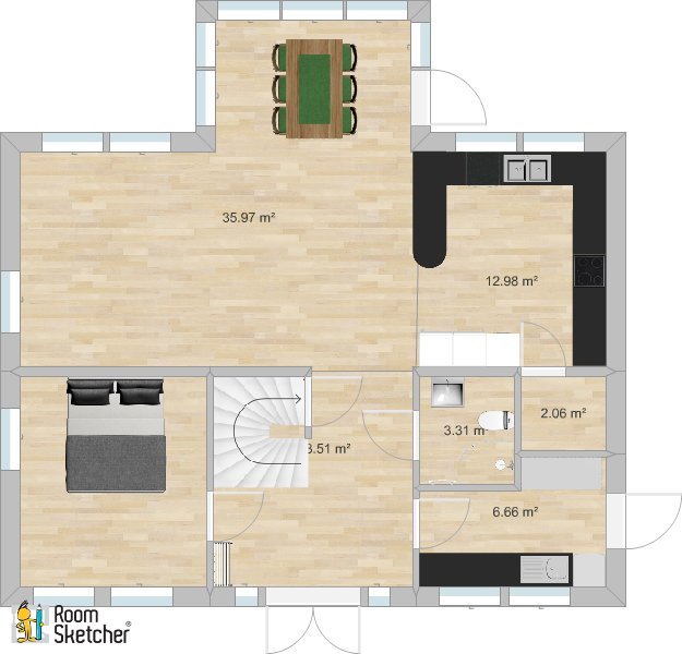 Översiktsbild av en lägenhets layout skapad i RoomSketcher med markerade ytor, inklusive ett litet toalettutrymme.