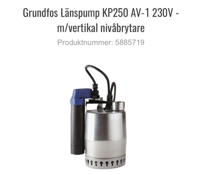 Grundfos dränkbar länspump KP250 med vertikal nivåbrytare och modellinformation.
