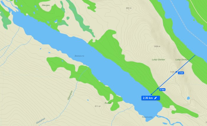 Topografisk karta med markerad potential för vattenkraft, visar höjdskillnad och tunnelsträcka.