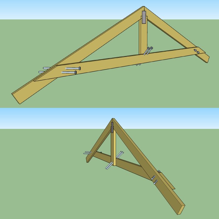 Illustration av en takstol med ESSVE konstruktionsskruvar installerade.