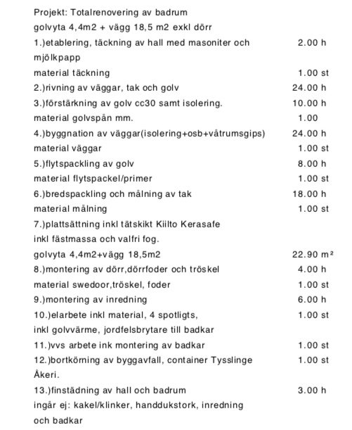 Offert för totalrenovering av badrum innehållande detaljerad lista på arbetsmoment och material med specificerade tidsåtgångar.