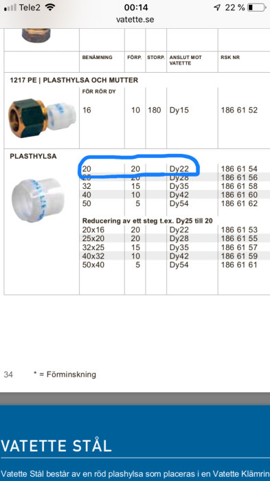 Screenshot av ett produktsortiment med plasthyllor och muttrar, markerat PEM-slang med 20 mm yttre diameter och 22 mm koppling.