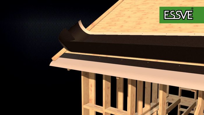 3D-rendering av takdetaljer med ytpapp, trekantslist och vindskiveplåt för diskussion om vattenskydd vid ändträ.