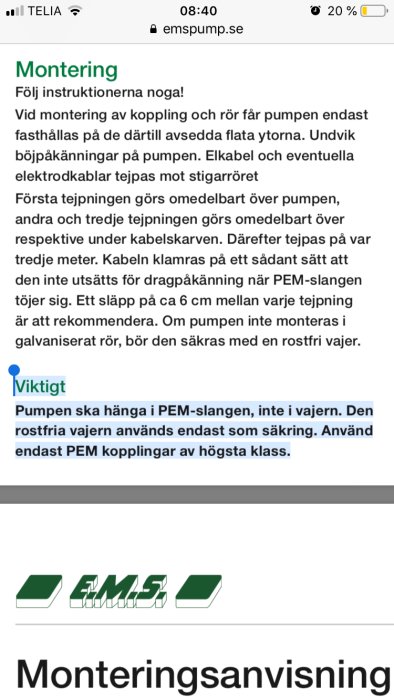 Skärmdump av monteringsinstruktion för pump, med viktig notering om användning av PEM-slang och säkerhetsvajer.