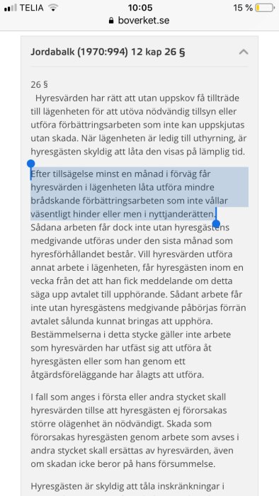 Skärmdump från Boverkets hemsida visar Jordabalk text om hyresvärdens rättigheter.