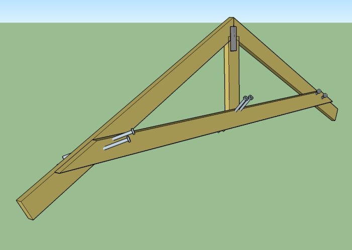 3D-modell av en enkel takstol med en mittstolpe och ET-T konstruktionsskruvar i träreglar.