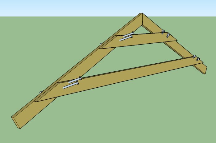 3D-modell av en enkel takstol konstruerad av tre reglar och sex ET-T-skruvar.