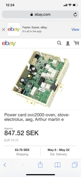 Elektronikmodul till en ugn visas på en eBay-annons, prissatt till 847,52 SEK.
