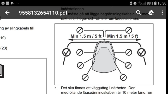 Schematisk illustration av laddstation och begränsningskabel för robotgräsklippare med måttangivelser.