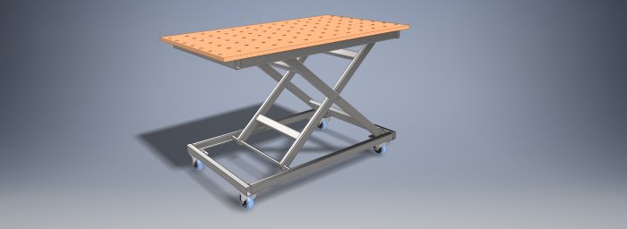3D-renderad bild av en hemmagjord mekanisk lyftbord på hjul med en träskiva och metallstomme.