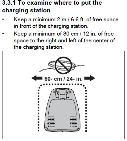 Diagram från S600 manual som visar anvisningar för placering av laddstation med 2 m frizon framför och 30 cm på sidorna.