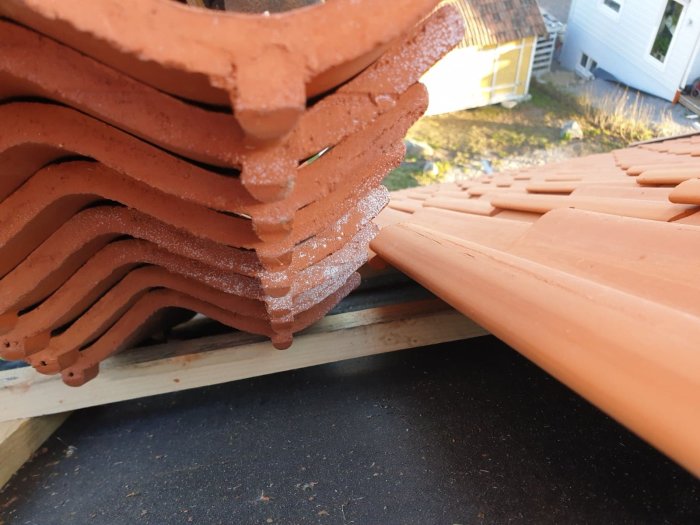 Takpannor staplade på bärläkt med synlig mögelbildning på trävirke.