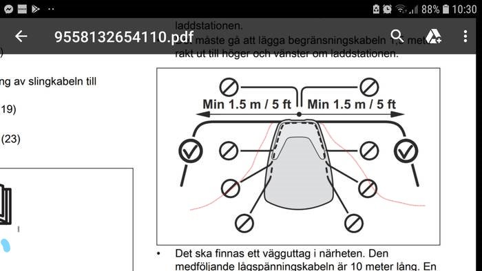 Instruktionsdiagram för installation av laddstation med röd markering 20cm ifrån stationen.