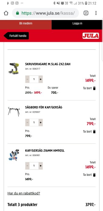 Kundvagn på Jula.se med skruvdragare, sågbord och kapsåg, totalt 3797 kr.