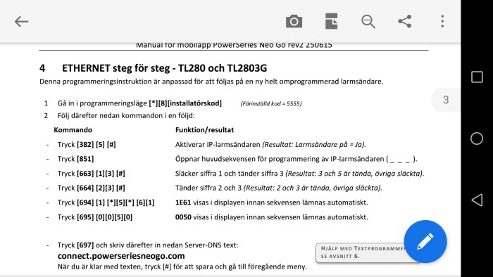 Skärmbild av en manual för programmering av larmsändare TL280 och TL2803G.