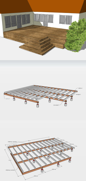 3D-skiss av altan med trappa och detaljerad konstruktionsritning av bärlager med måttangivelser.