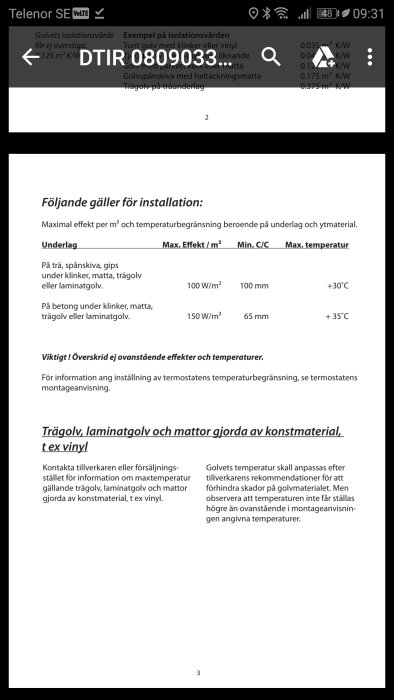 Skärmdump av installationsguide för golvvärme som visar maxeffekter och avståndskrav för olika underlag.