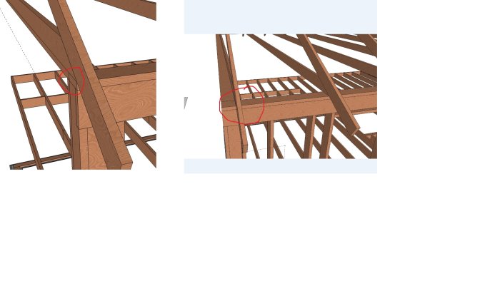 3D-modell av takstol placerad längst ut på hammarband utan väggliv, markerad vid anslutningspunkt.