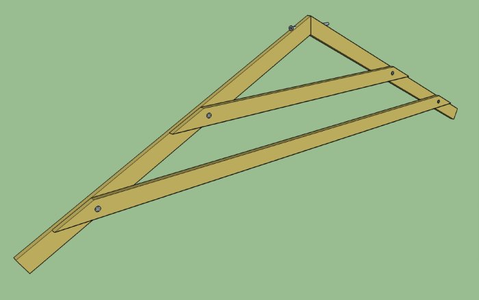 Illustration av en träkonstruktion med dubbla hanbjälkar förstärkta med vagnsbultar och diagonaler utan mittstolpe.