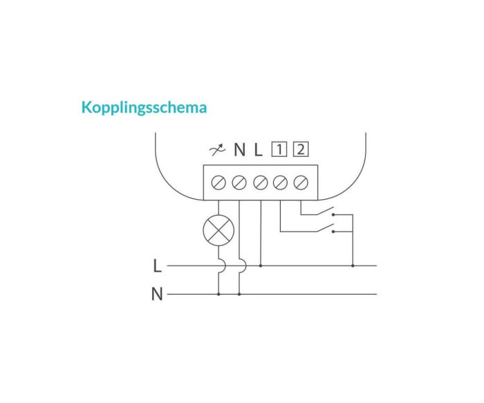 Schematisk illustration av ett kopplingsschema för elinstallation med två strömbrytare, märkta med Fas, Nolla och Tändtråd.